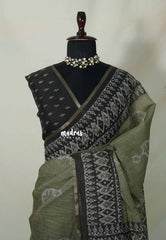 Muted Olive Green - Pragathi - Linen Cotton Saree with Batiq Prints - Best for Office Wear | Casual Wear