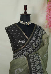 Muted Olive Green - Pragathi - Linen Cotton Saree with Batiq Prints - Best for Office Wear | Casual Wear