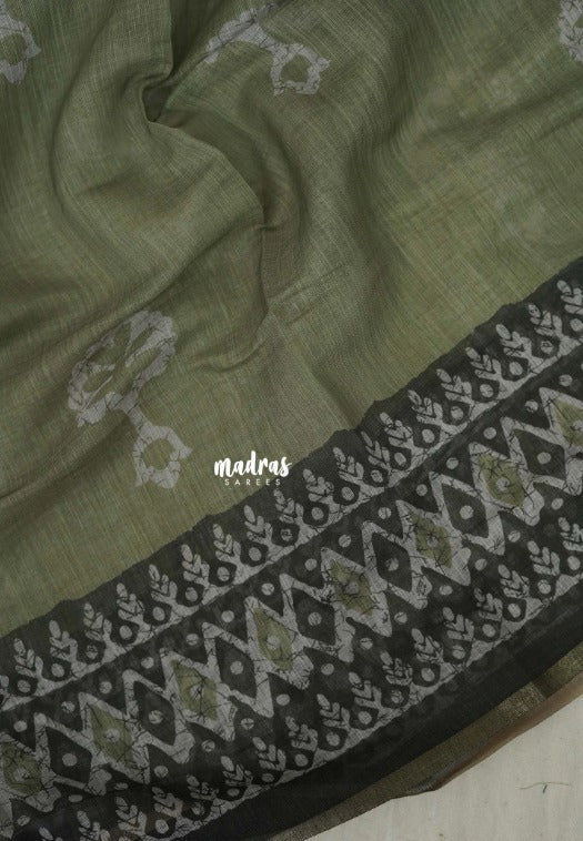 Muted Olive Green - Pragathi - Linen Cotton Saree with Batiq Prints - Best for Office Wear | Casual Wear