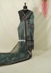 Muted Seafoam Green - Pragathi - Linen Cotton Saree with Batiq Prints - Best for Office Wear | Casual Wear