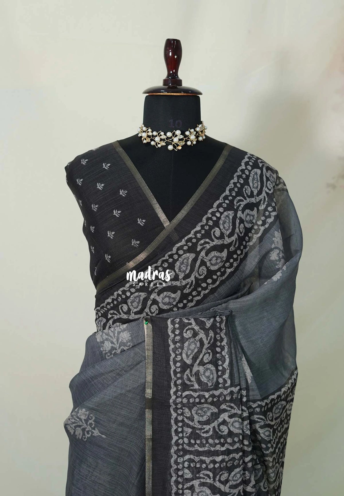 Muted Bluish Grey - Pragathi - Linen Cotton Saree with Batiq Prints - Best for Office Wear | Casual Wear