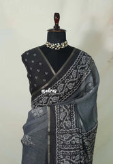 Muted Bluish Grey - Pragathi - Linen Cotton Saree with Batiq Prints - Best for Office Wear | Casual Wear