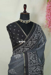 Muted Bluish Grey - Pragathi - Linen Cotton Saree with Batiq Prints - Best for Office Wear | Casual Wear