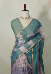 Muted Lavender - Linen Cotton Saree Checks with Contrast Blouse - Best for Office Wear | Casual Wear