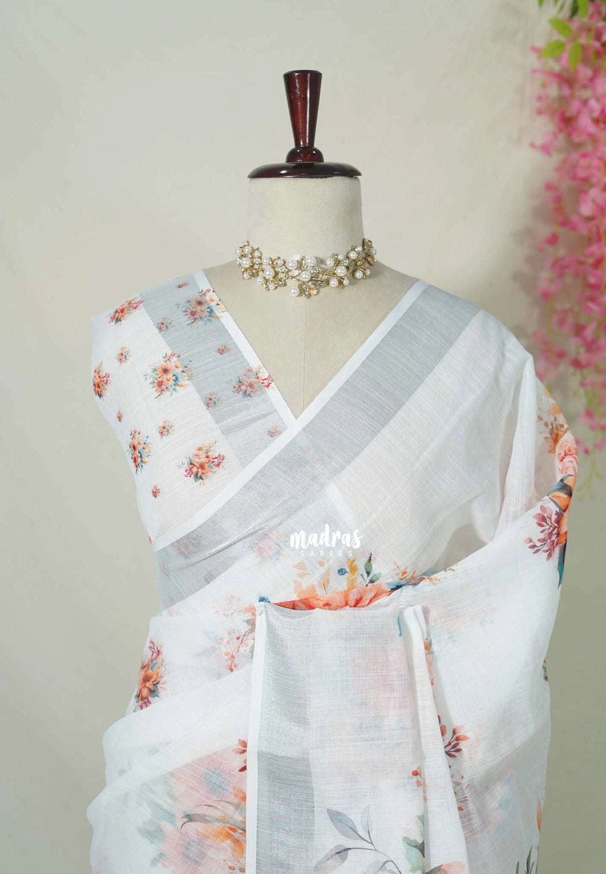Misty White - Pragathi - Linen Cotton Saree Digital Floral Prints with Tissue Border - Perfect for Office Wear | Summer wear | Casual Wear
