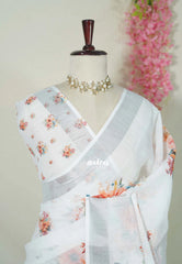 Misty White - Pragathi - Linen Cotton Saree Digital Floral Prints with Tissue Border - Perfect for Office Wear | Summer wear | Casual Wear