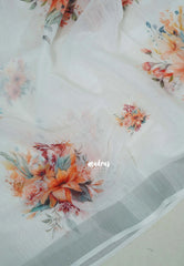 Misty White - Pragathi - Linen Cotton Saree Digital Floral Prints with Tissue Border - Perfect for Office Wear | Summer wear | Casual Wear