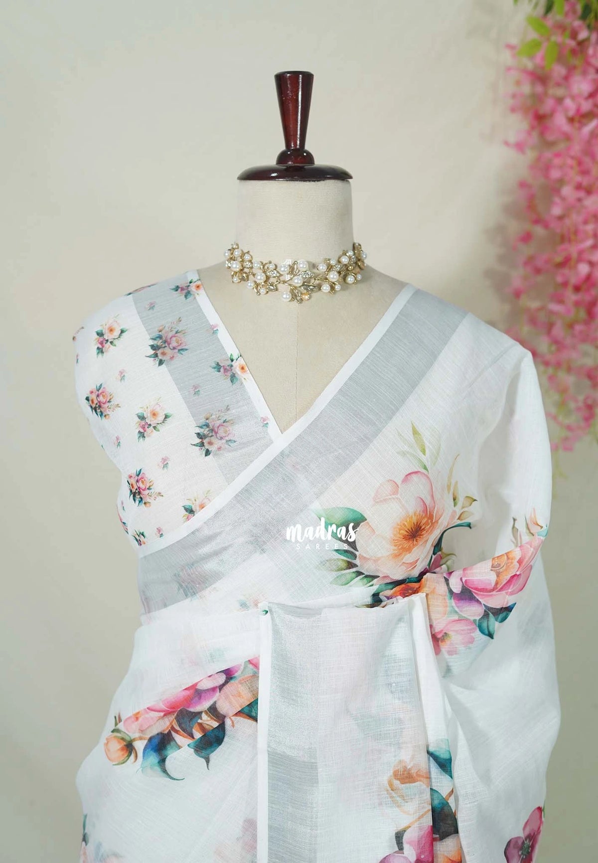 Snow White - Pragathi - Linen Cotton Saree Digital Floral Prints with Tissue Border - Perfect for Office Wear | Summer wear | Casual Wear