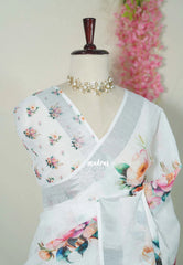 Snow White - Pragathi - Linen Cotton Saree Digital Floral Prints with Tissue Border - Perfect for Office Wear | Summer wear | Casual Wear