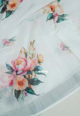 Snow White - Pragathi - Linen Cotton Saree Digital Floral Prints with Tissue Border - Perfect for Office Wear | Summer wear | Casual Wear