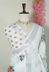 Pearl White - Pragathi - Linen Cotton Saree Digital Floral Prints with Tissue Border - Perfect for Office Wear | Summer wear | Casual Wear