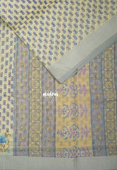 Sandal Beige with Blue - Linen Cotton Saree with Floral Embroidery Border - Perfect for Office Wear | Summer wear | Casual Wear