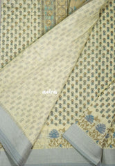 Sandal Beige with Grey - Linen Cotton Saree with Floral Embroidery Border - Perfect for Office Wear | Summer wear | Casual Wear