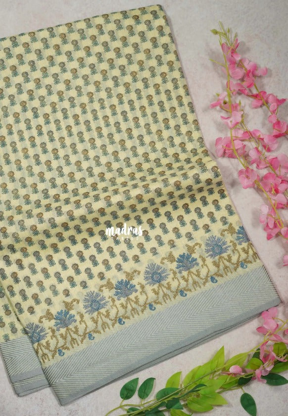Sandal Beige with Grey - Linen Cotton Saree with Floral Embroidery Border - Perfect for Office Wear | Summer wear | Casual Wear