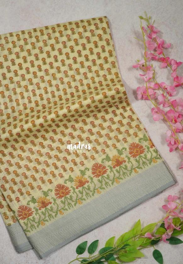 Sandal Beige with Orange - Linen Cotton Saree with Floral Embroidery Border - Perfect for Office Wear | Summer wear | Casual Wear