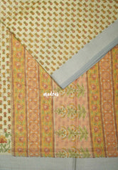 Sandal Beige with Orange - Linen Cotton Saree with Floral Embroidery Border - Perfect for Office Wear | Summer wear | Casual Wear