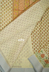 Sandal Beige with Orange - Linen Cotton Saree with Floral Embroidery Border - Perfect for Office Wear | Summer wear | Casual Wear