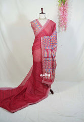 Muted Crimson Red with Heavy Lace - Linen Cotton Saree with Heavy Lace Embroidery - Perfect for Office Wear | Summer wear | Casual Wear