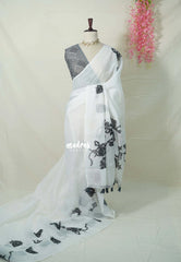 White Grace - Pragath - Linen Cotton Saree with Floral Prints - Perfect for Office Wear | Summer wear | Casual Wear