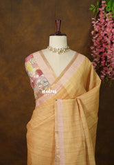 Muted Sandal - Pragath - Linen Cotton Saree Plain with Floram Blouse - Perfect for Office Wear | Summer wear | Casual Wear