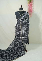 Jet Black - Pragathi - Linen Cotton Saree Geometric Prints with Tiny Border - Perfect for Office Wear | Summer wear | Casual Wear