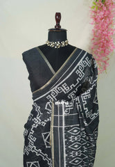 Jet Black - Pragathi - Linen Cotton Saree Geometric Prints with Tiny Border - Perfect for Office Wear | Summer wear | Casual Wear
