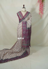 Powder Peach - Pragathi - Linen Cotton Saree Stripes with Jaipur Prints - Best for Office Wear | Casual Wear