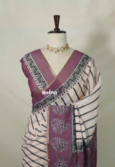 Powder Peach - Pragathi - Linen Cotton Saree Stripes with Jaipur Prints - Best for Office Wear | Casual Wear