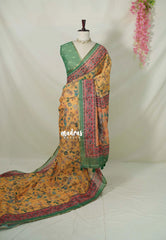 Mild Orangish Yellow - Pragathi - Linen Cotton Saree with Kalamkari Prints - Best for Office Wear | Casual Wear