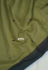 Olive Green with Mirror Work - Pragathi - Linen Cotton Saree Mirror Work with Stripes in Pallu and Blouse - Best for Office Wear | Casual Wear