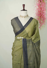 Olive Green with Mirror Work - Pragathi - Linen Cotton Saree Mirror Work with Stripes in Pallu and Blouse - Best for Office Wear | Casual Wear