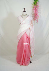 Ivory and Pink - Linen Cotton Saree Partly Pallu with Tiny Border - Best for Office Wear | Casual Wear
