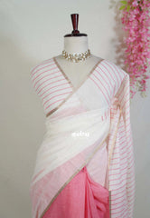Ivory and Pink - Linen Cotton Saree Partly Pallu with Tiny Border - Best for Office Wear | Casual Wear