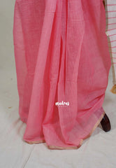 Ivory and Pink - Linen Cotton Saree Partly Pallu with Tiny Border - Best for Office Wear | Casual Wear