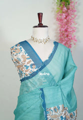 Muted Aqua Green with Scallop - Pragathi - Linen Cotton Saree with Scallop Border Floral Print Pallu and Blouse - Perfect for Office Wear | Summer wear | Casual Wear