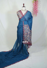 Ateneo Blue with Scallop - Pragathi - Linen Cotton Saree with Scallop Border Floral Print Pallu and Blouse - Perfect for Office Wear | Summer wear | Casual Wear