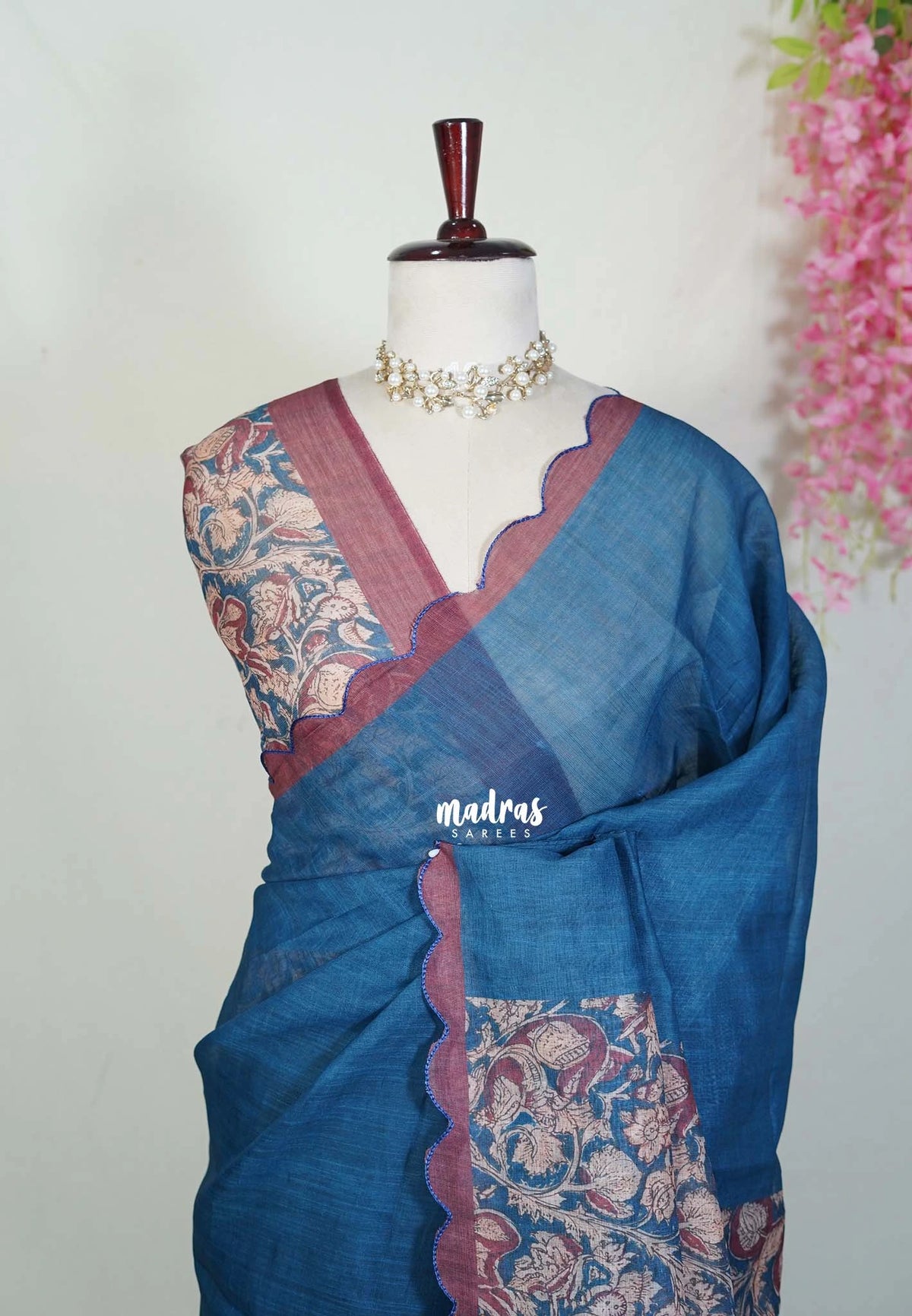 Ateneo Blue with Scallop - Pragathi - Linen Cotton Saree with Scallop Border Floral Print Pallu and Blouse - Perfect for Office Wear | Summer wear | Casual Wear