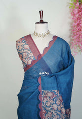 Ateneo Blue with Scallop - Pragathi - Linen Cotton Saree with Scallop Border Floral Print Pallu and Blouse - Perfect for Office Wear | Summer wear | Casual Wear