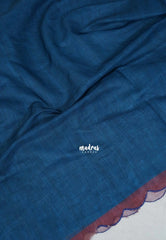 Ateneo Blue with Scallop - Pragathi - Linen Cotton Saree with Scallop Border Floral Print Pallu and Blouse - Perfect for Office Wear | Summer wear | Casual Wear