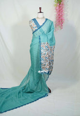 Muted Aqua Green with Scallop - Pragathi - Linen Cotton Saree with Scallop Border Floral Print Pallu and Blouse - Perfect for Office Wear | Summer wear | Casual Wear