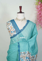 Muted Aqua Green with Scallop - Pragathi - Linen Cotton Saree with Scallop Border Floral Print Pallu and Blouse - Perfect for Office Wear | Summer wear | Casual Wear