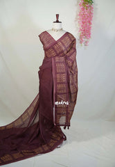 Chololate Brown - Pragathi - Linen Cotton Saree with Dots Prints Border and Pallu - Perfect for Office Wear | Summer wear | Casual Wear