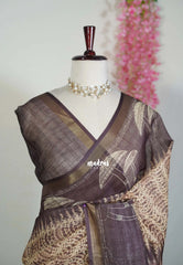 Mustard Brown - Linen Cotton Saree Digital Prints with Tissue Border - Perfect for Office Wear | Summer wear | Casual Wear
