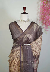 Mustard Brown - Linen Cotton Saree Digital Prints with Tissue Border - Perfect for Office Wear | Summer wear | Casual Wear