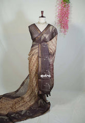 Mustard Brown - Linen Cotton Saree Digital Prints with Tissue Border - Perfect for Office Wear | Summer wear | Casual Wear