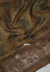 Olive Brown - Pragathi - Linen Cotton Saree with Art Prints and Tissue Border - Perfect for Office Wear | Summer Wear | Casual Wear