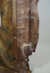 Olive Brown - Pragathi - Linen Cotton Saree with Art Prints and Tissue Border - Perfect for Office Wear | Summer Wear | Casual Wear