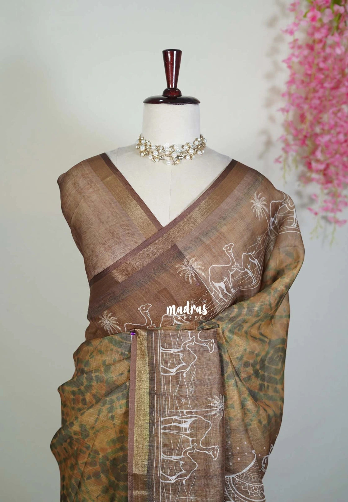 Olive Brown - Pragathi - Linen Cotton Saree with Art Prints and Tissue Border - Perfect for Office Wear | Summer Wear | Casual Wear