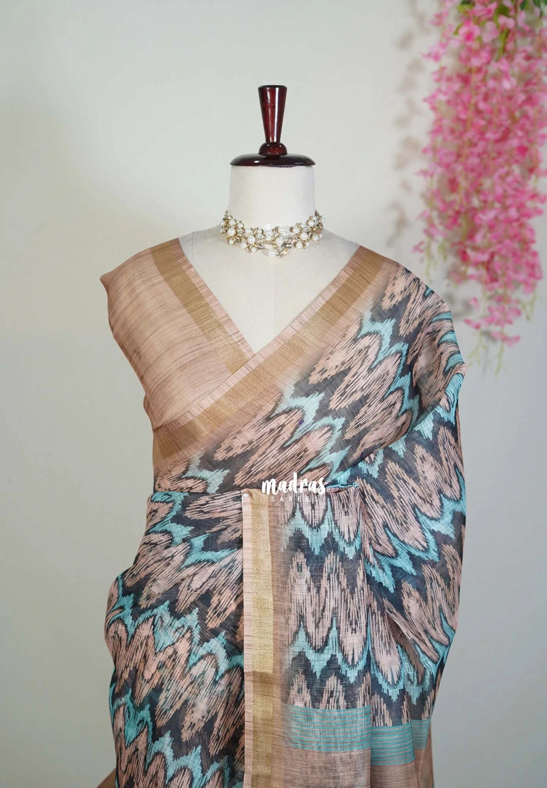 Peach & Teal - Pragathi - Linen Cotton Saree with Zigzag Prints and Tissue Border - Perfect for Office Wear | Summer Wear | Casual Wear