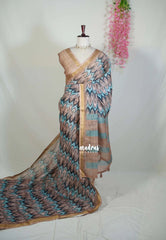 Peach & Teal - Pragathi - Linen Cotton Saree with Zigzag Prints and Tissue Border - Perfect for Office Wear | Summer Wear | Casual Wear